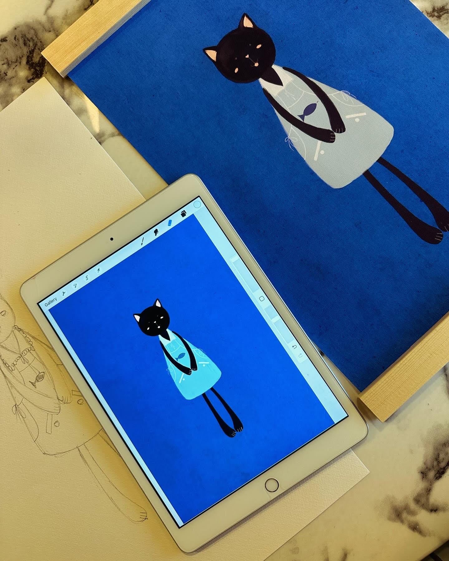 Cute Black Kitty – Canvas Art with Apron Charm