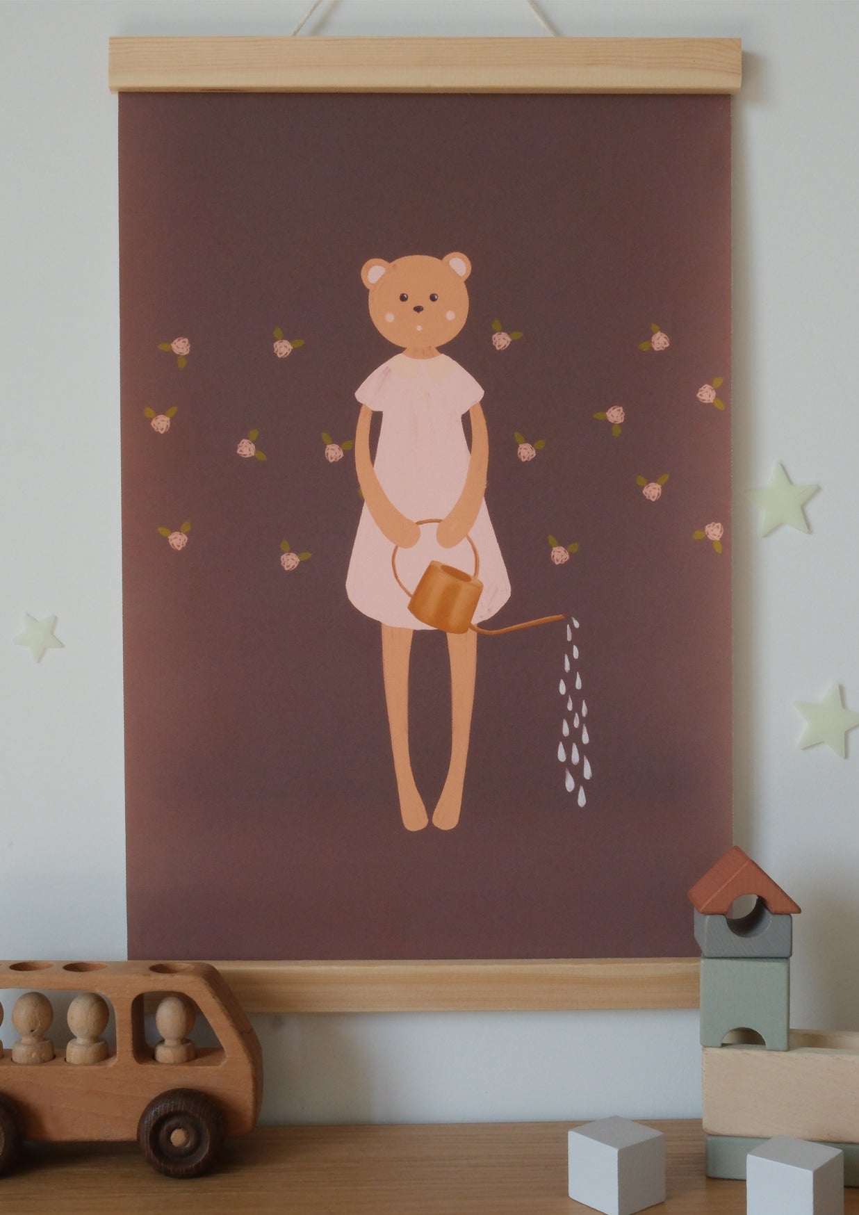 Bear Watering Rose Garden – Canvas Art for Young Carers