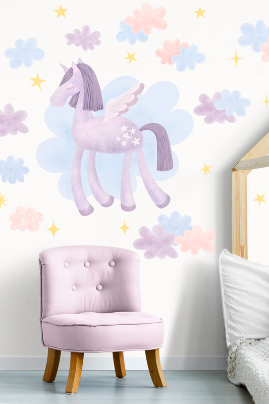 Purple Unicorn In The Clouds - Fabric Wall Decals