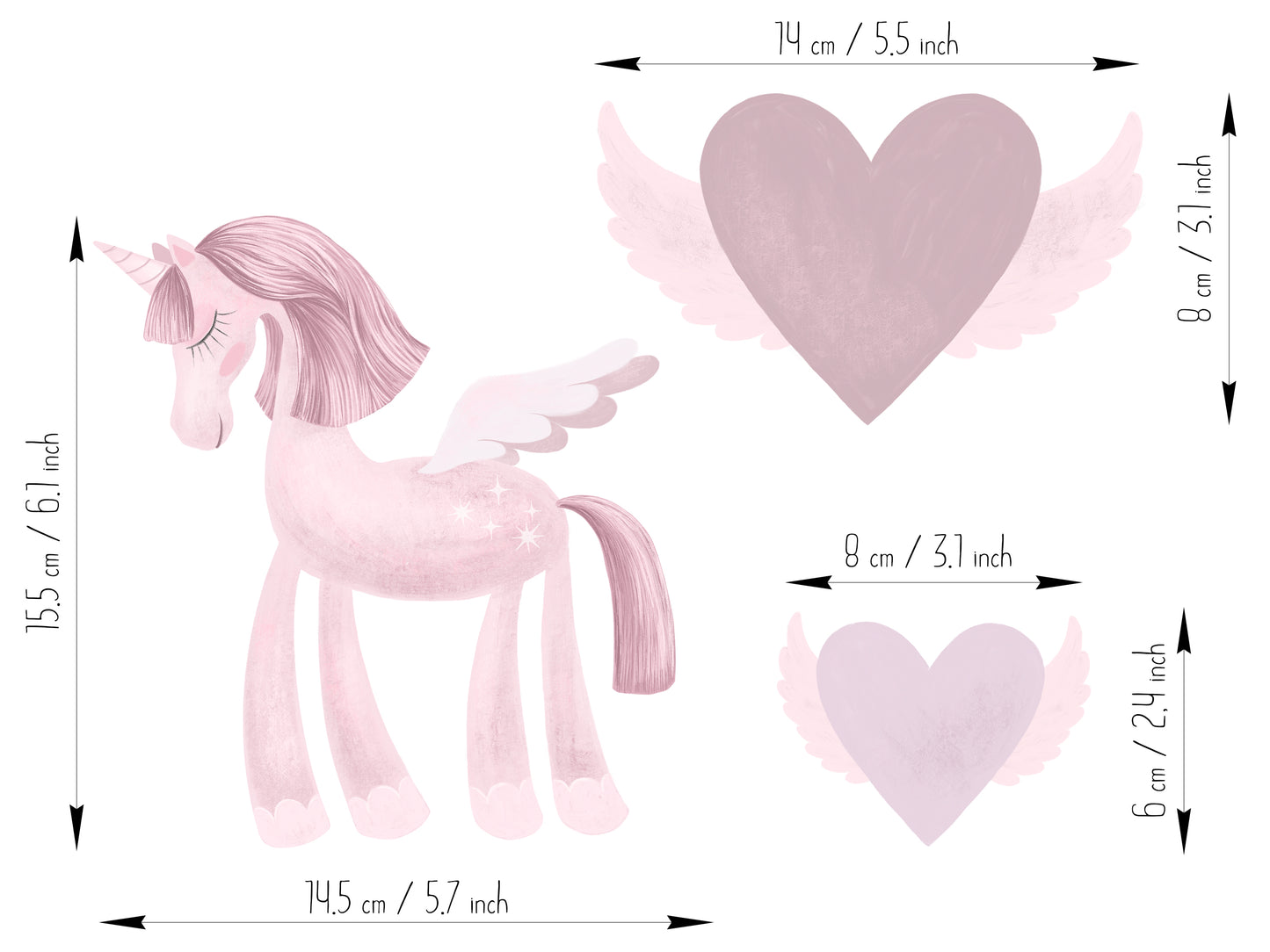 Pink Unicorns and Flying Hearts Vinyl - Semi Transparent Vinyl Wall Art Decals / Stickers for Living Children's Rooms, Girls' Rooms