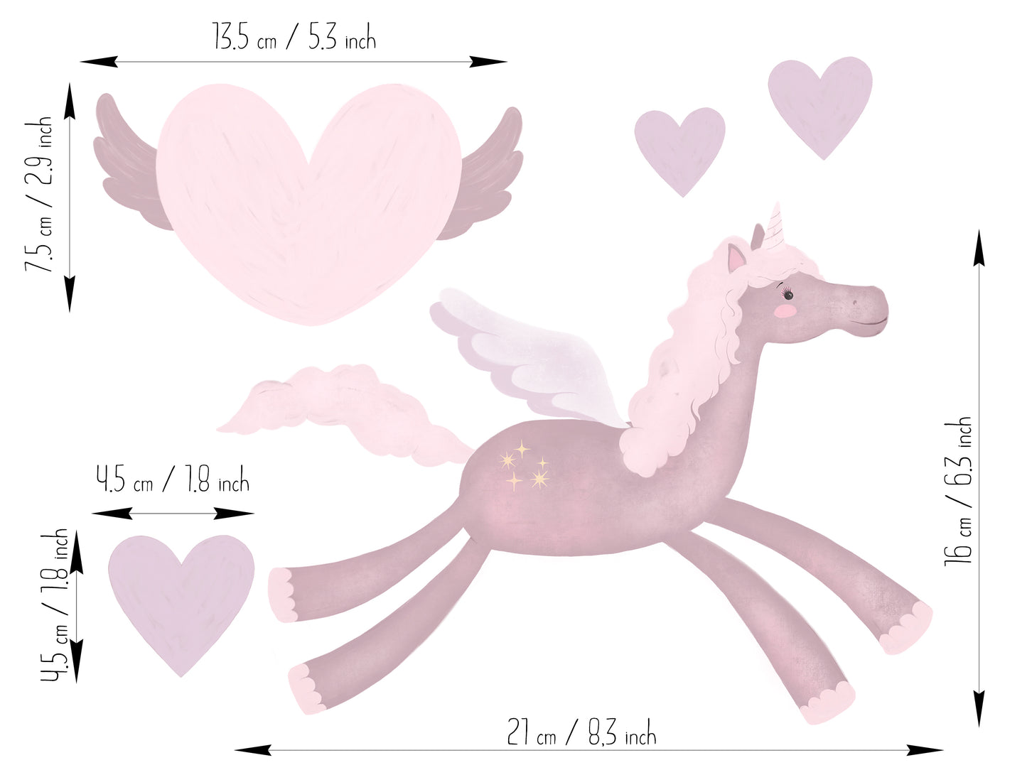 Pink Unicorns and Flying Hearts Vinyl - Semi Transparent Vinyl Wall Art Decals / Stickers for Living Children's Rooms, Girls' Rooms