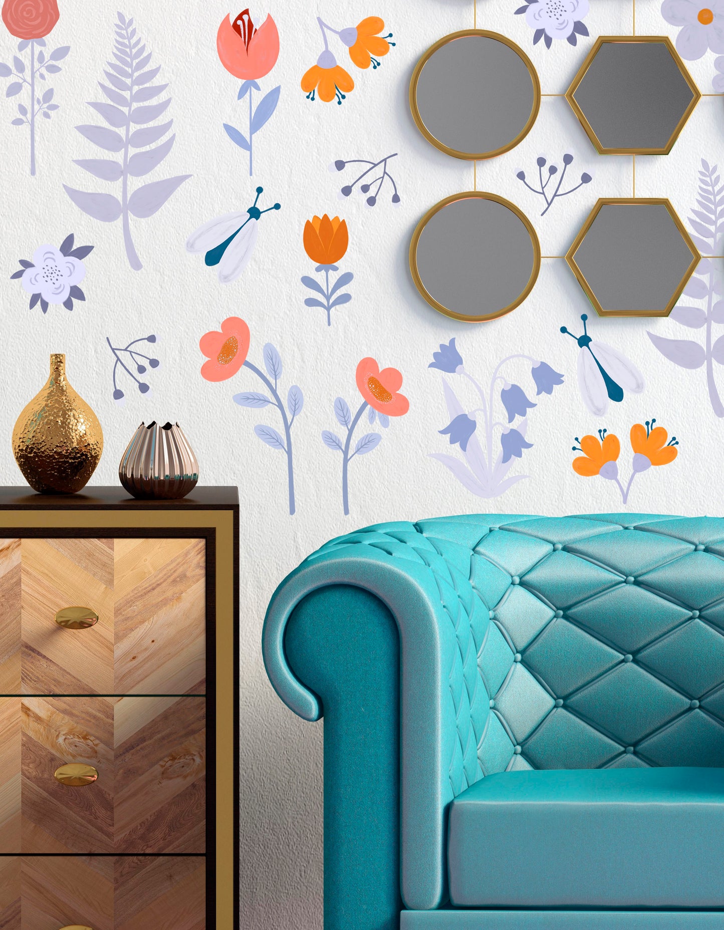 Blue Flowers - Fabric Wall Art Decals / Stickers for Living Rooms, Bedrooms, Children's Rooms