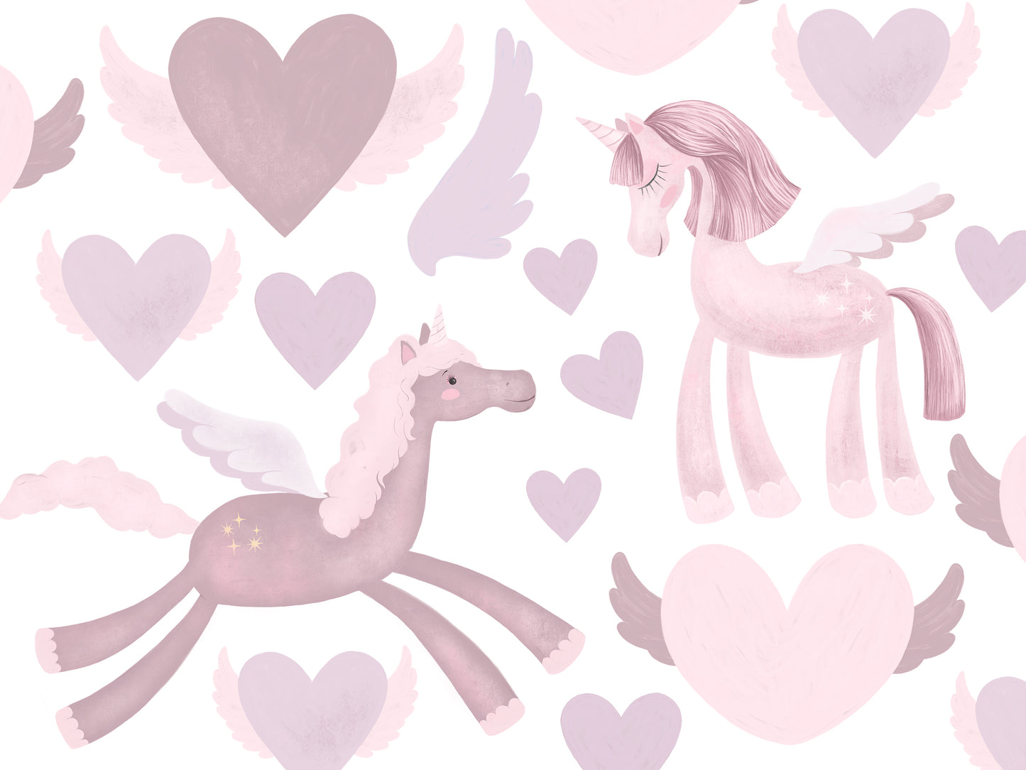 Pink Unicorns and Flying Hearts Vinyl - Semi Transparent Vinyl Wall Art Decals / Stickers for Living Children's Rooms, Girls' Rooms