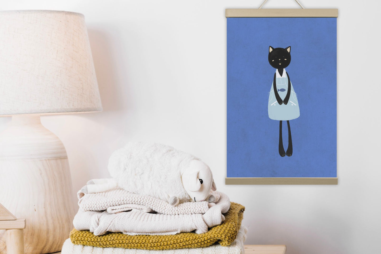 Black Cat Blue Background - Prints Wall Art Decor