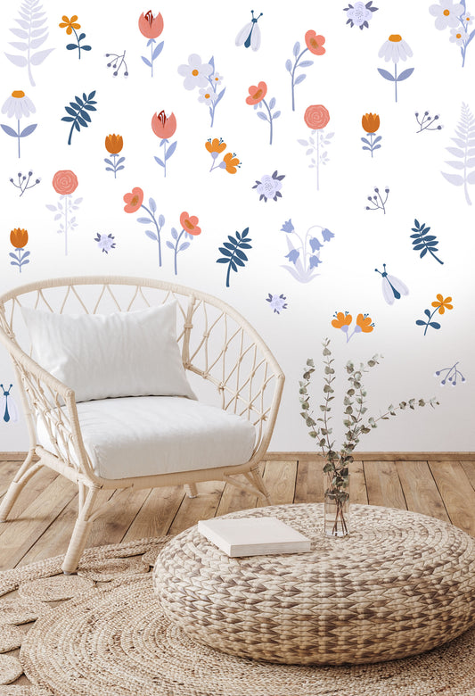 Blue Flowers - Fabric Wall Art Decals / Stickers for Living Rooms, Bedrooms, Children's Rooms