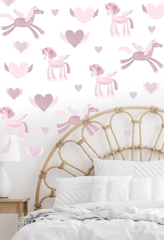 Pink Unicorns and Flying Hearts Vinyl - Semi Transparent Vinyl Wall Art Decals / Stickers for Living Children's Rooms, Girls' Rooms