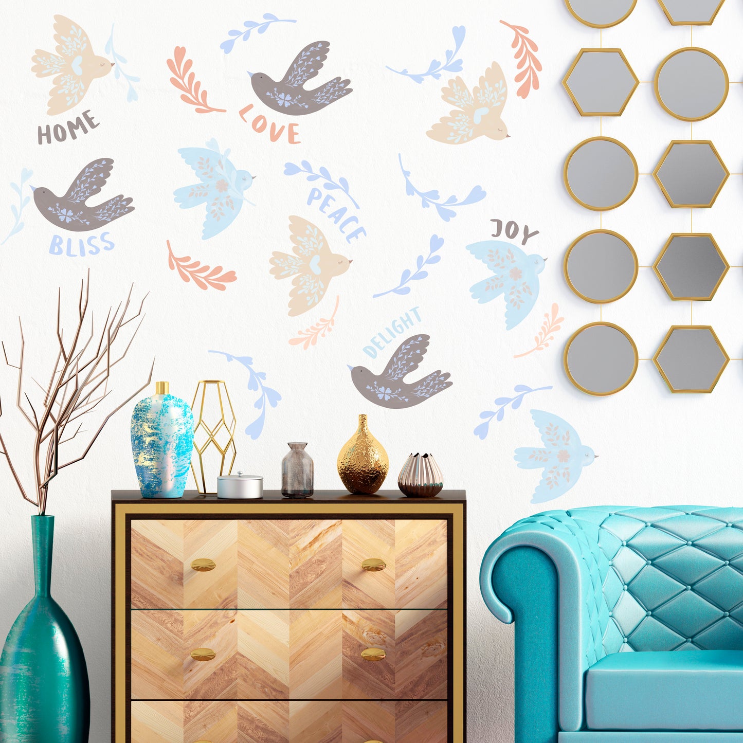 Tweeting Birds - Fabric Wall Art Decals / Stickers for Living Rooms, Bedrooms