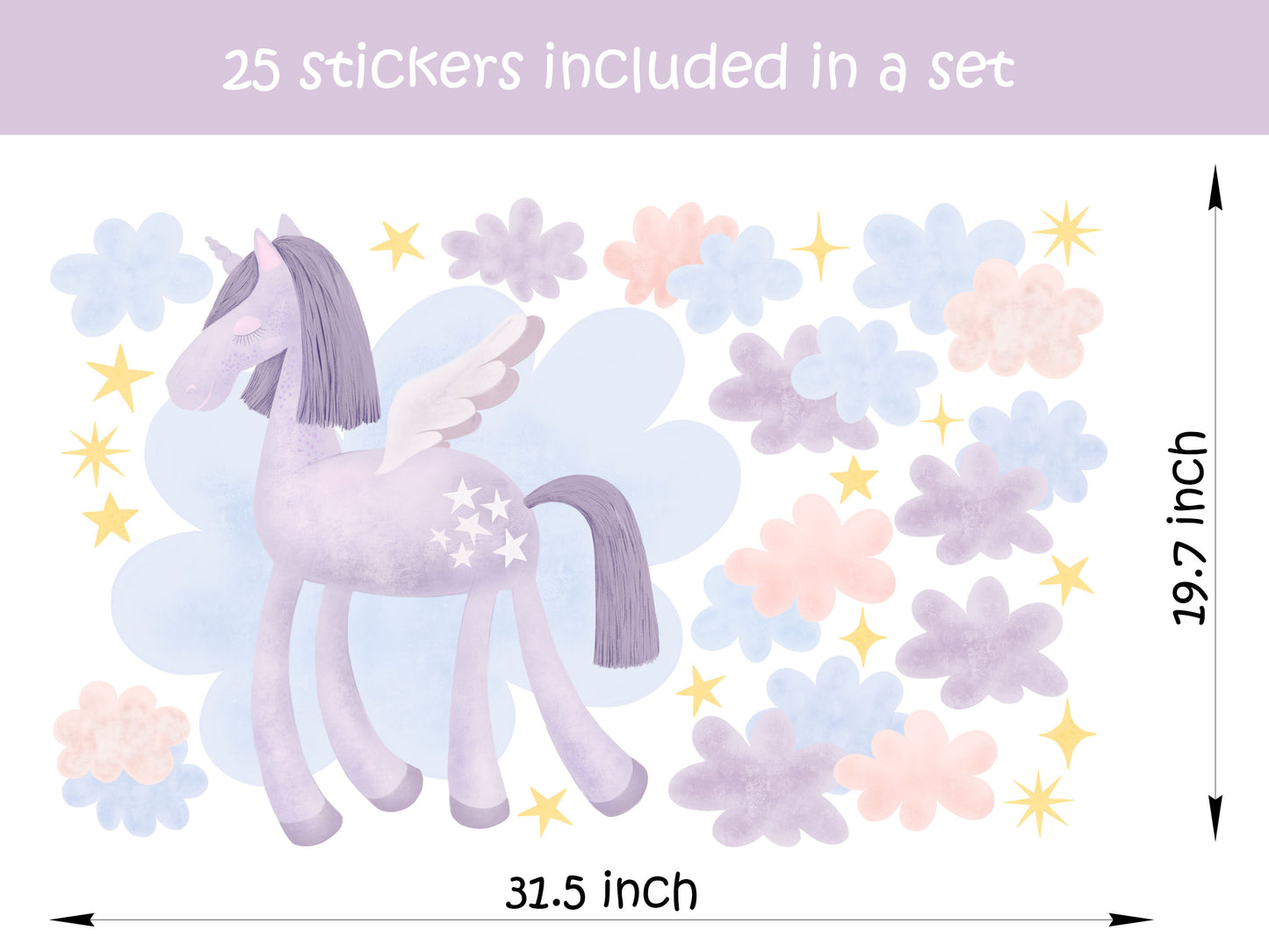 Purple Unicorn In The Clouds - Fabric Wall Art Decals / Stickers for Children's Rooms