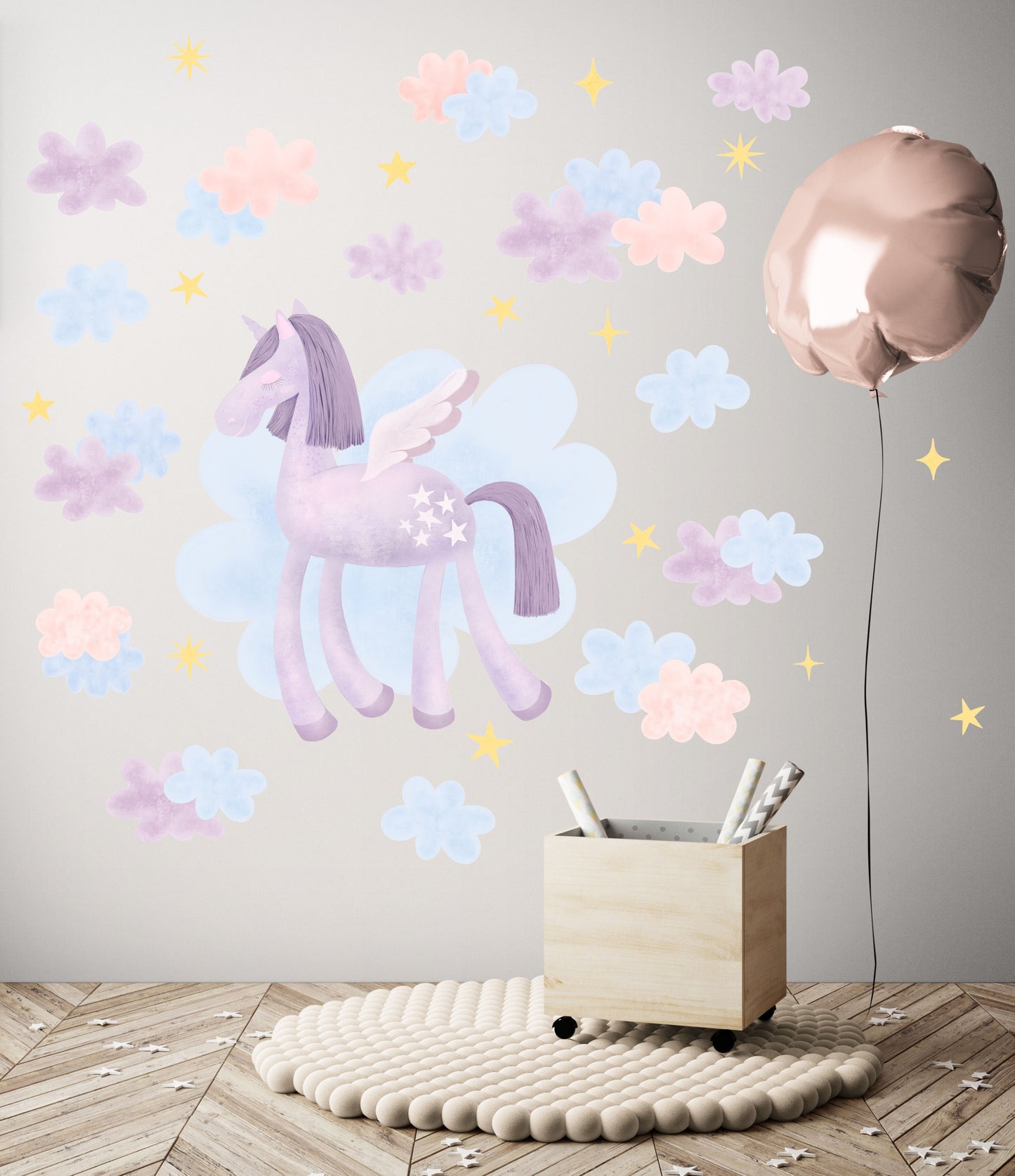 Purple Unicorn In The Clouds - Fabric Wall Art Decals / Stickers for Children's Rooms