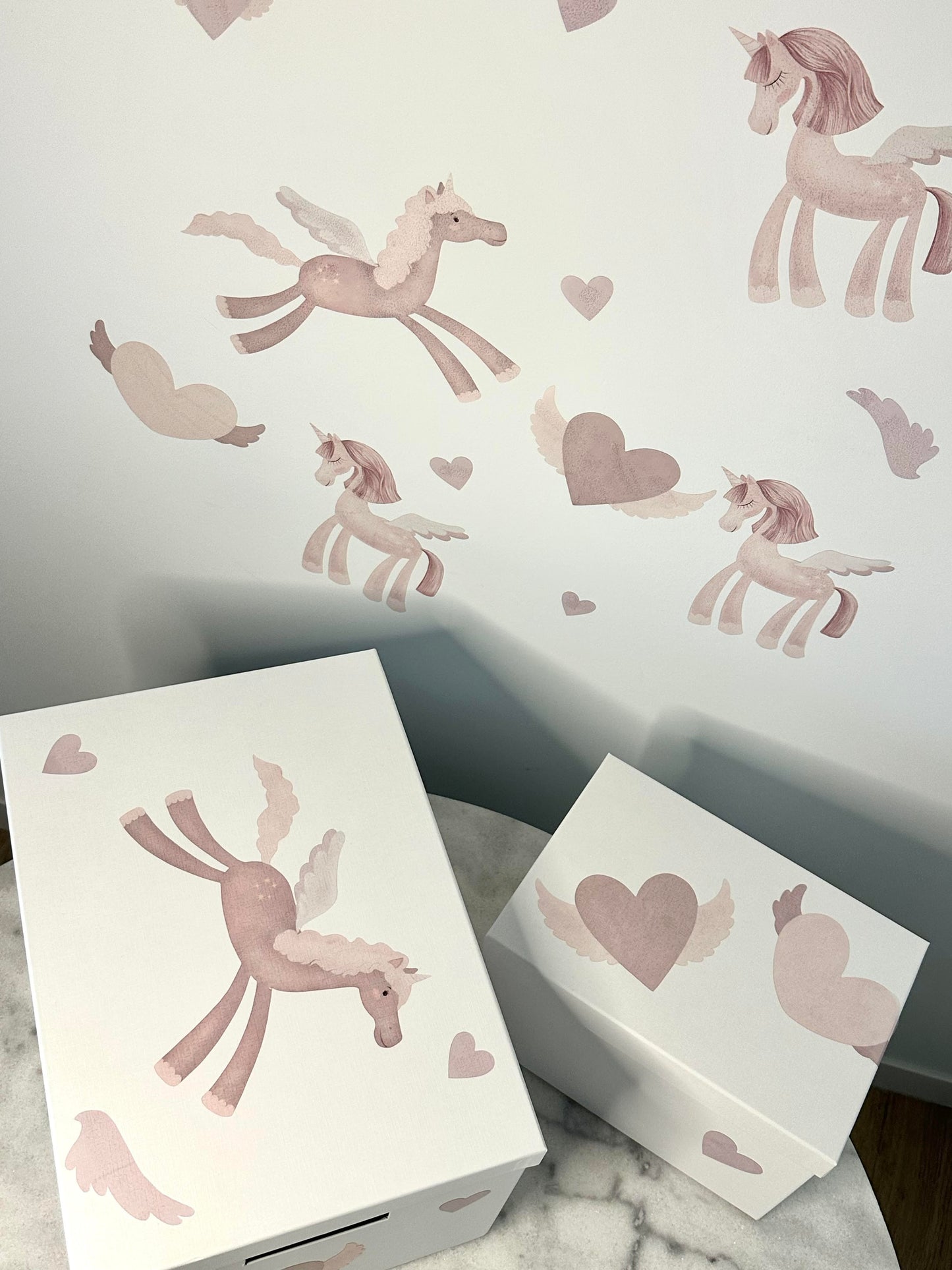 Pink Unicorns and Flying Hearts Vinyl - Semi Transparent Vinyl Wall Art Decals / Stickers for Living Children's Rooms, Girls' Rooms